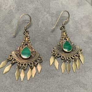 Vintage Chandelier Brass Color Earrings Marked 925 Bezel Set Malachite
